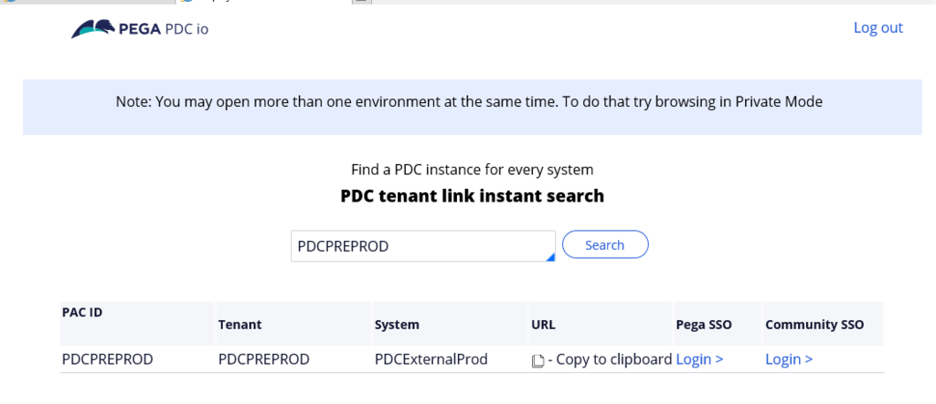 PDC Tenant Link Instant Search example