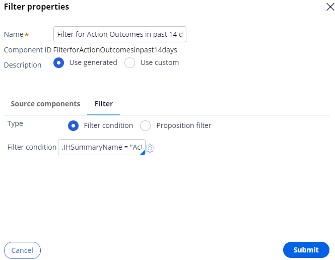 Add Filter component to filter Action-level outcomes 