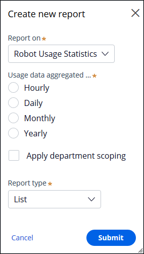 Screenshow showing dialog for creating a new report in Pega Robot Manager