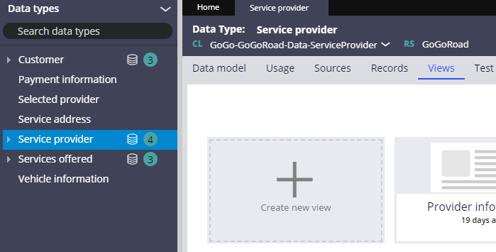 Views tab of the Service provider data type