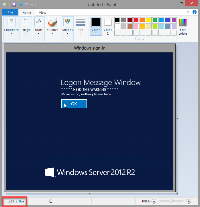 Screenshot from Paint of the x-y coordinate location of a pixel inside the OK button of a windows logon form