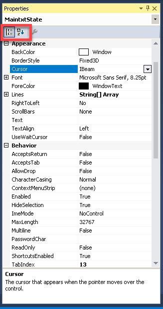 Screenshot showing location of sort button in upper left of properties window in Robot Studio
