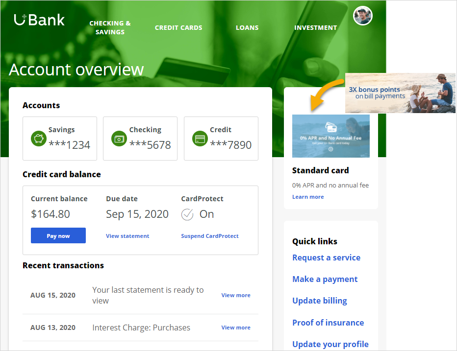 U Bank website self-service portal