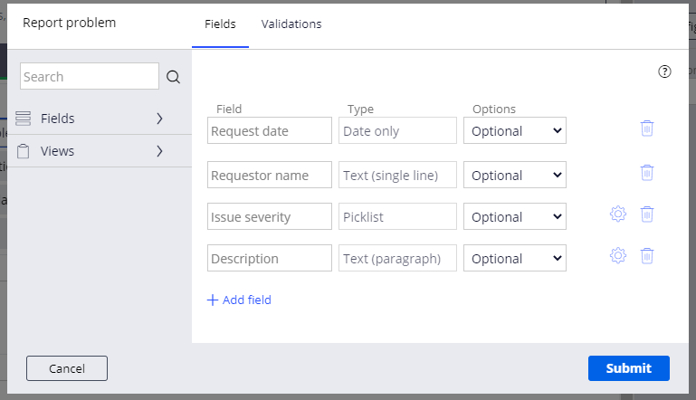Report problem view configured with fields