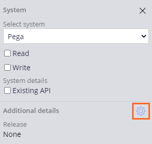 Configuration pane for the Pega SOR with Configure release icon highlighted