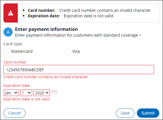 Validation on the Enter payment information view