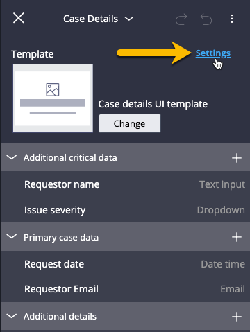 Click the settings link at the top of the Case Details panel to reveal more settings