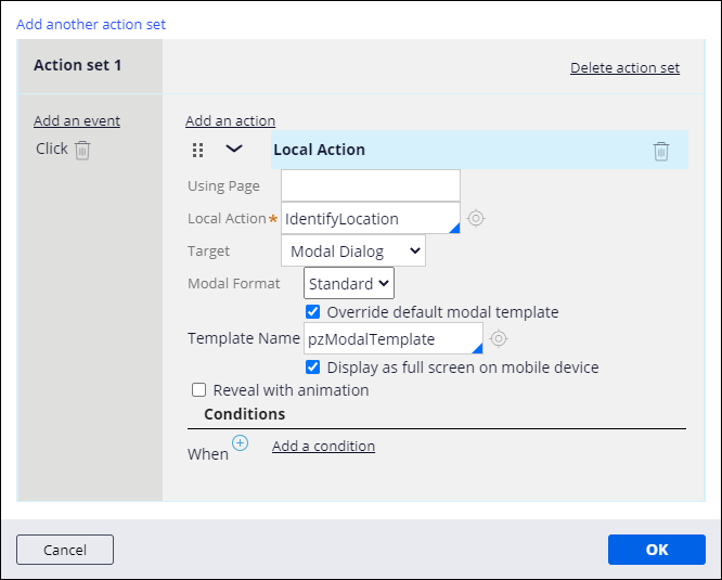 Action set local action Identify location modal dialogue