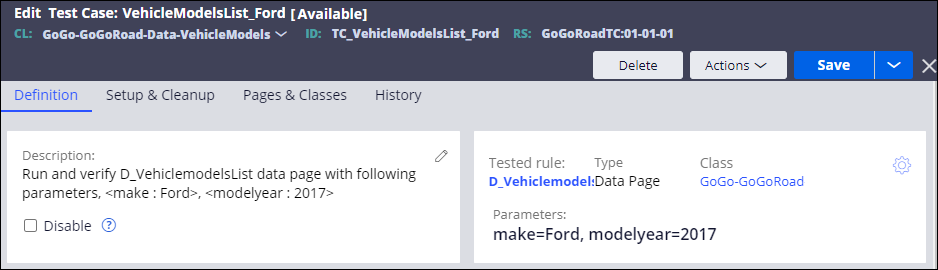 The test case, updated to test the results when the make is set to Ford.