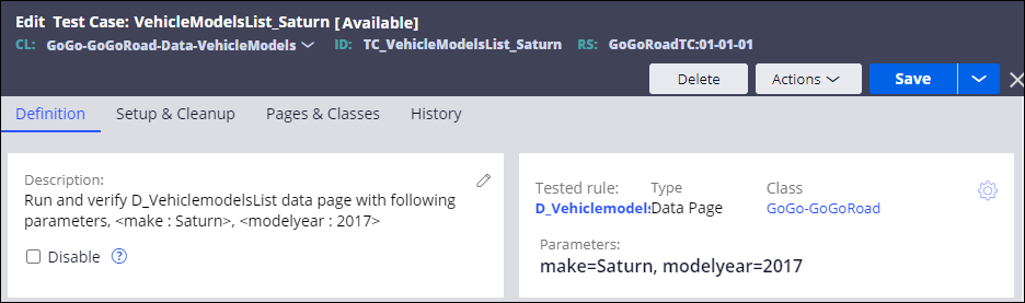 A completed unit test record, with the make parameter set to Saturn.