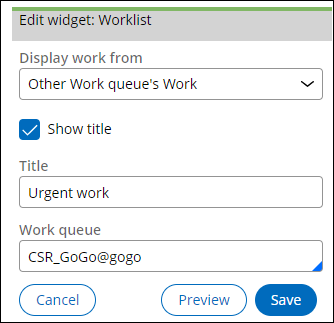 Worklist widget configured to display the contents of the CSR@GoGo work queue.