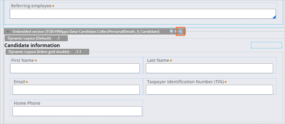 The CollectPersonalDetails_0_Candidate embedded section layout, with the Open Rule icon highlighted in the layout header.