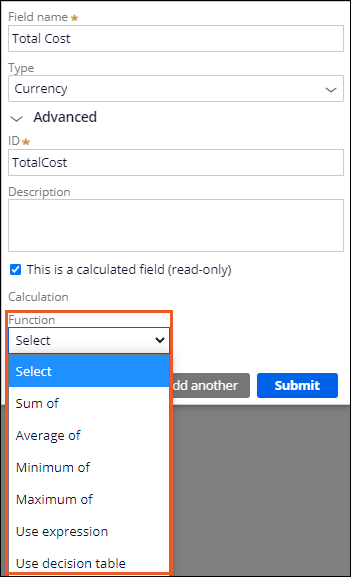 Calculated fields options