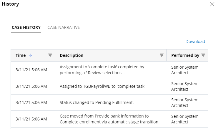 Case history tab shows the case was assigned to the TGBPayroll work queue