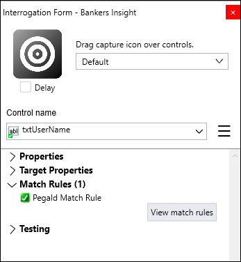 Screenshot showing a control using the PegaId Match Rule in the interrogation form in Pega Robot Studio.