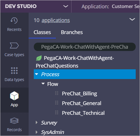 Dev Studio, application class for pre-chat questiona