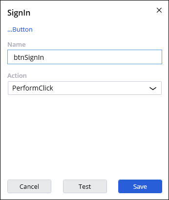 Screenshot showing the completed step editor dialog box for the btnSignIn control.