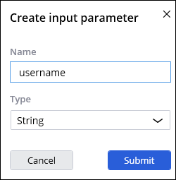 Screenshot showing the Create input parameter dialog box in Pega Robot Studio.