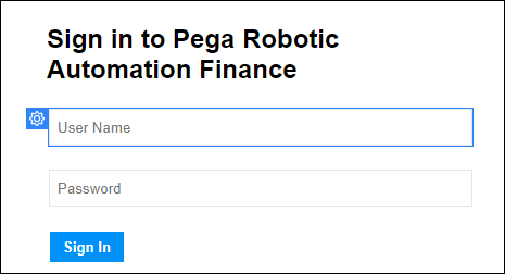 Screenshot showing the blue gear icon on the Finance login page.