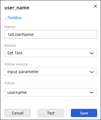 Screenshot showing the completed step editor dialog box for the txtUserName control.