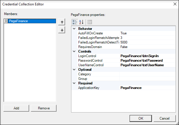 Credential Collector Editor window for Pega Finance