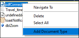 Screenshot showing Add Document Type in the PdfConnector context menu.