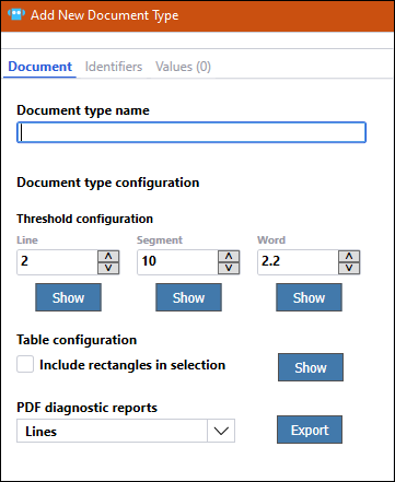 Screenshot showing the Douments tab for the Add New Document Type wizard