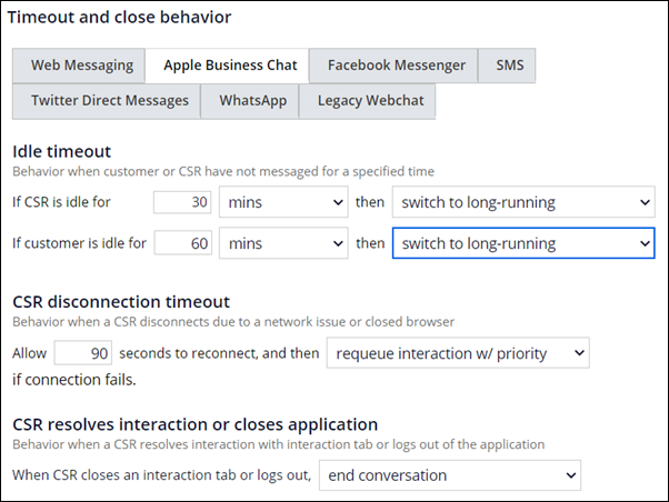 timeout settings, Apple Business chat