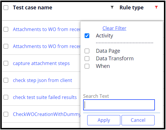 Image shows how to apply filter on the Test cases tab