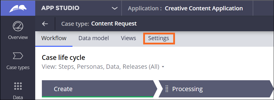 The location of the Setting tab in the Content Request case life cycle window.