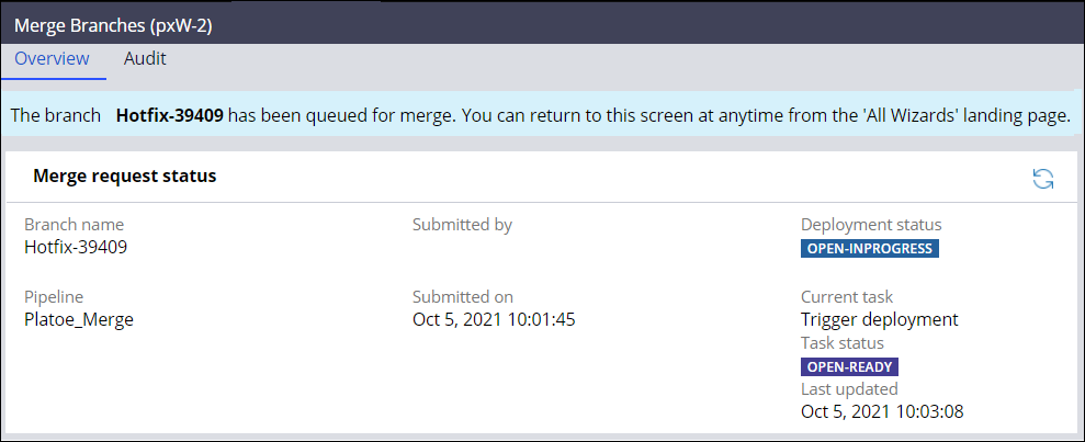 Image depicts how you can track the overall status of the merge using the Merge wizard after submitting a branch for merge.