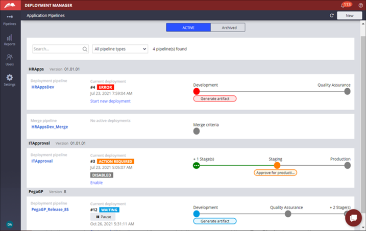 Image depicts the Application Pipelines screen with the different deployments status.
