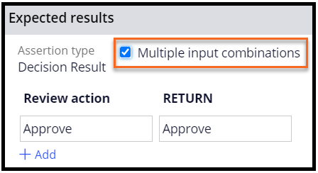 Image depicts how the user must select the “Multiple input combinations” check-box to configure input output combinations for decision rule test cases.