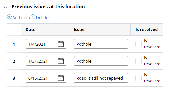 Previous issues at location section with values selected