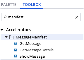 Screenshot showing the MessageManifest methods in the Accelerators section of the Toolbox.