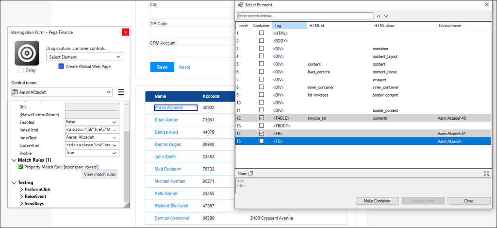 Screenshot showing the Select Element dialog open and displaying the elements for selection, along with the interrogation form and the highlighted table field being interrogated.