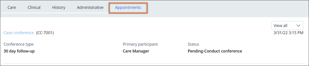 The Appointments tab in Pega Care Management