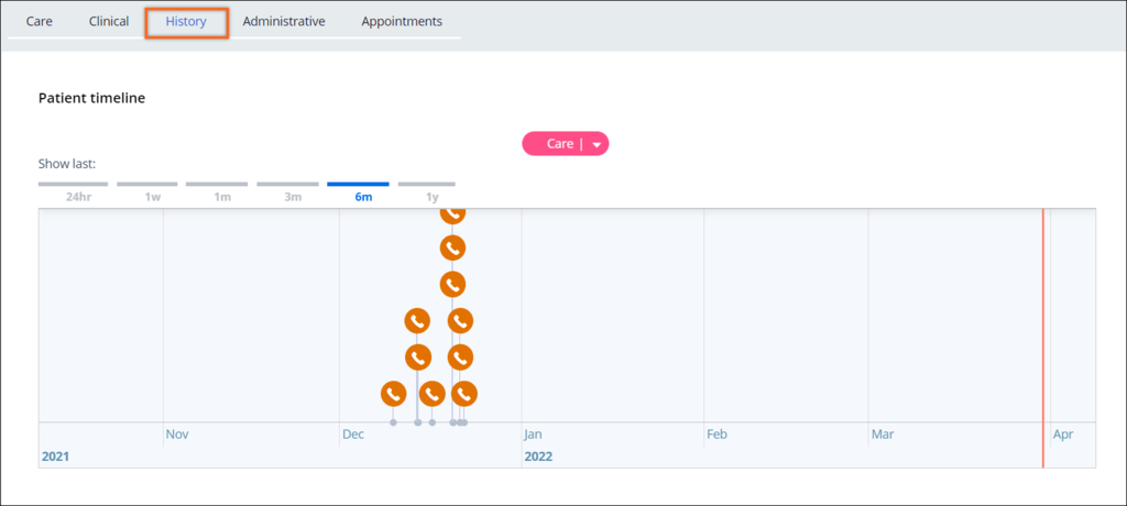 The history tab in Pega Care Management