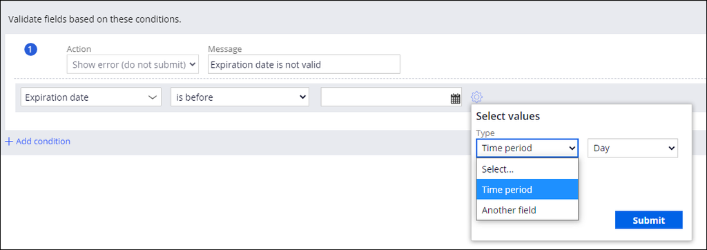 The Validate fields modal highlighting the selection of the field value of Today