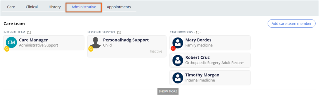The care team slot on the administration tab