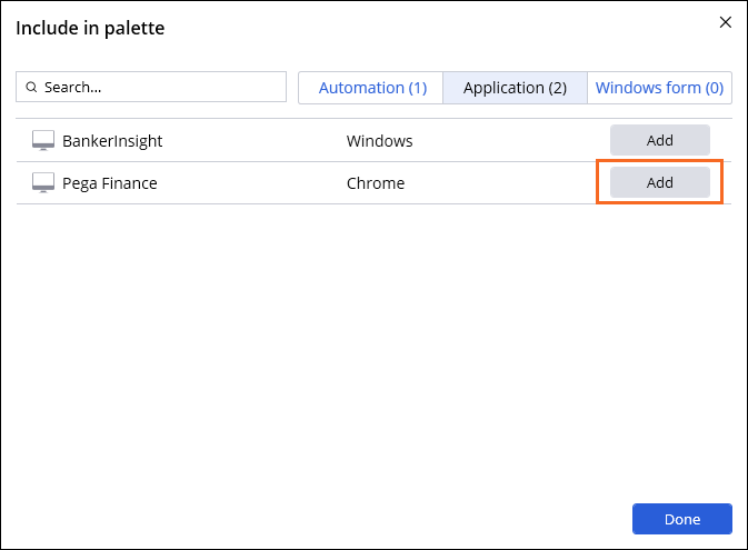 Screenshot showing the Applications tab in the Add application dialog box