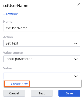 Screenshot showing Create new in the Value dropdown of the step editor.
