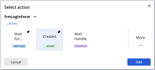 Screenshot showing addin an event to the automation surface using Select action dialog box. 