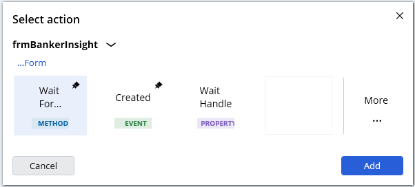 Screenshot showing adding a WaitForCreate design block to the automation using Select action window.