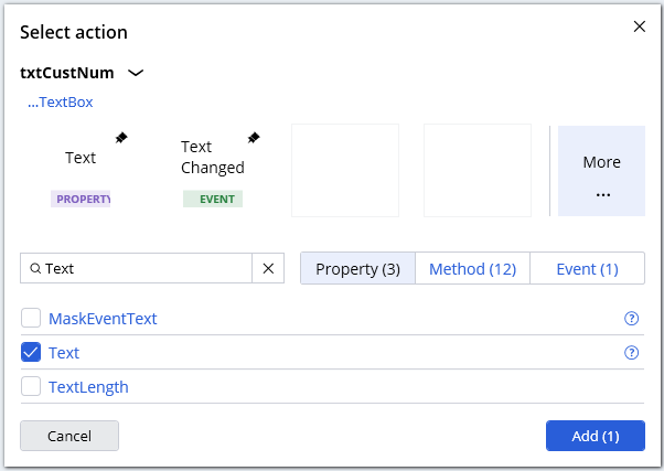 Screenshot showing the Select action window that allows to add properties, methods, and events of selected control. 