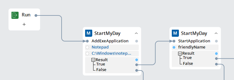 Screenshot showing automation design blocks used to add exe application to StartMyDay. 