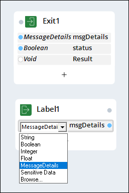 Screenshot showing the MessageDetails data type in an Exit point and a Label.
