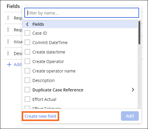 Highlighting the location of the Create new fields button.