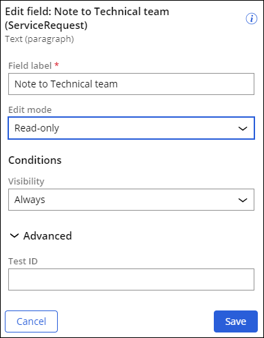 Setting the Note to Technical team field as Read-only.