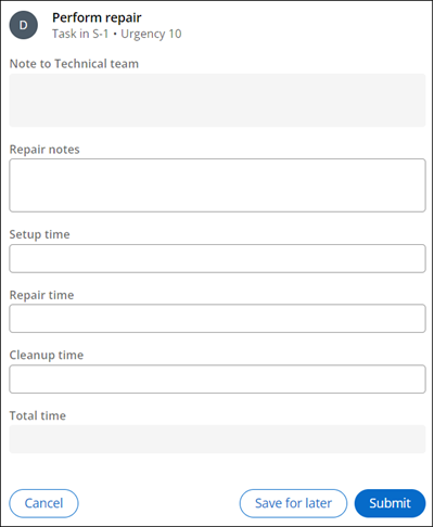 Highlighting that the Note to Technical team and Total time fields are read-only at runtime.